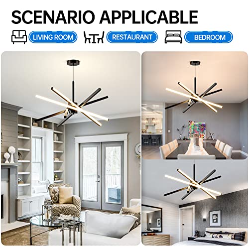Modern Sputnik Chandelier Ceiling 82W LED Black Pendant Light Embedded Mount Chandeliers Dining Room Light Fixtures Over Table Dimmable with Remote Control for Living Room Kitchen Bedroom 31.5 inches