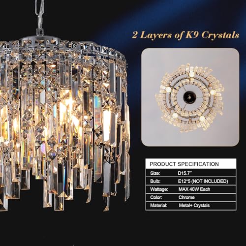 Chrome Crystal Chandelier Small Crystal Pendant Light Fixture 16" Raindrop Flush Mount Hanging Chandelier with Adjustable Chain K9 Crystals 2 Tiers for Kitchen Island Dining Room Bedroom Hallway