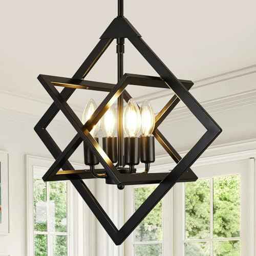 18" Modern Black Chandelier for Dining Room, No Assembly Required 4-Light Dining Room Light Fixture Over Table, Industrial Metal Hanging Pendant Lights Fixture for Kitchen Island, Entryway, Foyer