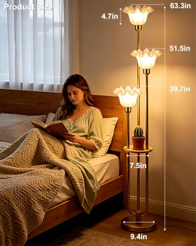 Flower Floor Lamp for Living Room Dimmable Vintage Floor Lamp with Shelf& Bulbs Included Mid Century Gold Floral Standing Tall Lamp for Bedroom (3 Count)