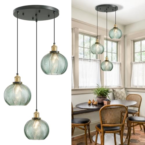3 Light Vintage Green Striped Glass Cluster Pendant Light