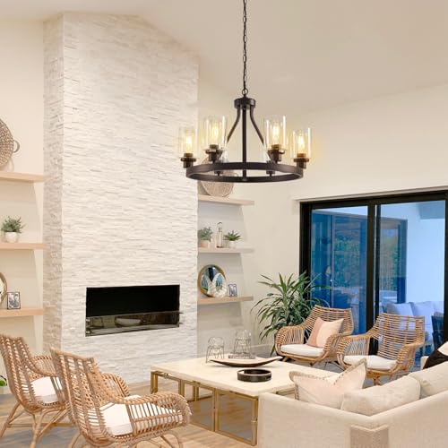 6 Light Farmhose Chandelier for Dining Room Light Fixture Oil Rubbed Bronze Kitchen Pendant Light Round Rustic Ceiling Hanging Lighting with Glass Globes Adjustable Height Metal E26