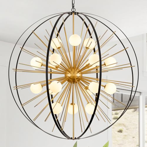 43.2" 18 Light Black Gold Sputnik Chandelier with Milk Glass Shade