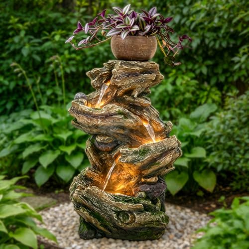 33" Rustic Tree Trunk Outdoor Water Fountain with Planters