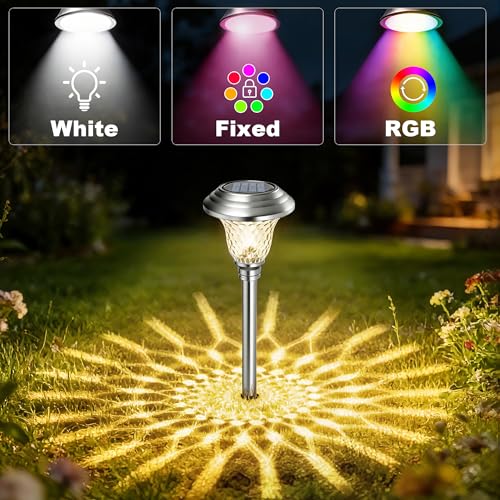 4 Pack Solar Pathway Lights White+ Color Changing Stainless Steel 3 Mode Outdoor Multicolor Metal Solar Powered Waterproof Glass for Garden Landscape Path Yard Walkway Driveway Silver