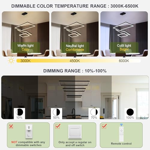 3 Rings Modern LED Chandelier Black 31.5inch Rectangle Dimmable LED Pendant Light with Remote Control 3 Tier Flush Mount High Ceiling Light for Dining Living Room Foyer