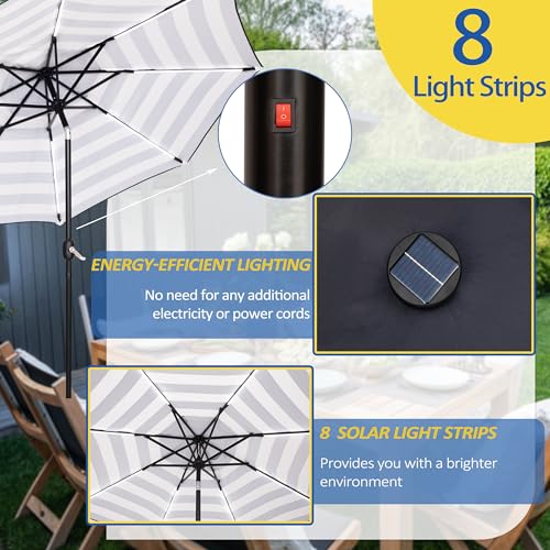 9FT Patio Umbrella with Solar Lights 8 LED Light Black and White