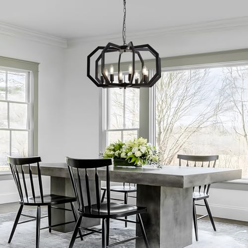 8 Black Light Farmhouse Chandelier Dining Room Light Fixture Geometric Modern Rustic Hanging Pendant Light for Living Room