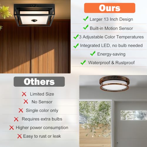 Large LED Motion Sensor Outdoor Ceiling Light 13" Square Flush Mount Lights