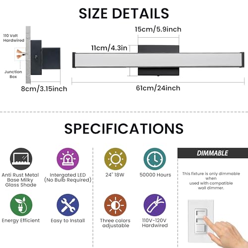 Modern LED Bathroom Vanity Light 24 inch 18W Dimmable 3CCT Bathroom Light Fixture Over Mirror Rectangle Bath Vanity Light Bar with Double Layer Acrylic Shade (24 inch(es))