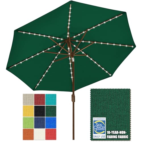 USA 10-Year-Non-Fading 9ft Market Patio Umbrella, Commercial Grade Table Sun Umbrella with 80 Solar LED Lights, Crank Open, Windproof & UPF 50+ UV Protection for Garden, Deck, Pool, Backyard, Forest Green