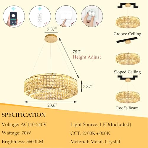 W24 Modern Chandeliers for Living Room LED Dimmable Pendant Lighting High Ceiling Chandelier for Dining Room Foyer Hallway Crystal Rectangle Light Fixtures Gold