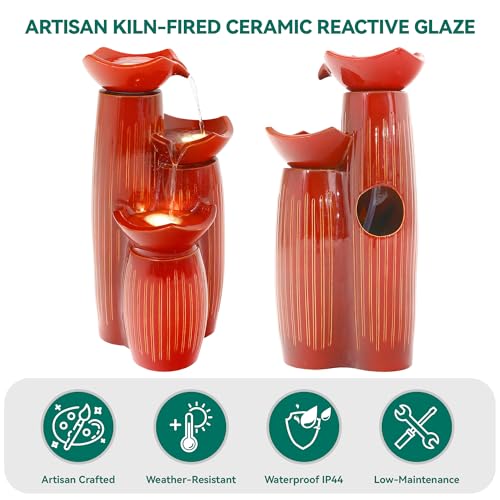 30" Ceramic Outdoor Water Fountain with LED Lights