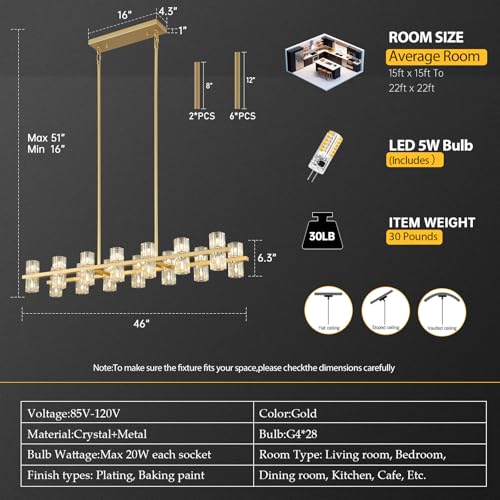 28 Light L46" Rectangle Gold Crystal Dining Room Chandelier Over Table