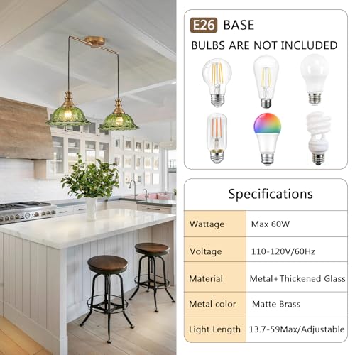 Vintage Pendant Light Fixtures Modern Green Glass Hanging Lighting with Adjustable Cord for Kitchen Island Dining Room Living Room Hallway