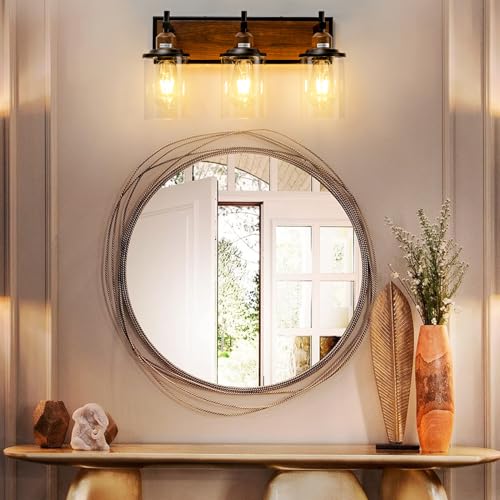 3 Light Farmhouse Bathroom Light Fixtures Vintage Vanity Lights Over Mirror Black and Wood Painted Metal Vanity Light with Glass Shades E26 Socket