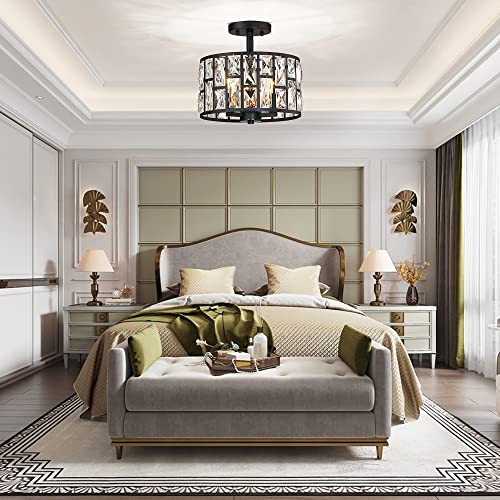 Farmhouse Crystal Round Semi Flush Mount Close to Ceiling Light Fixture