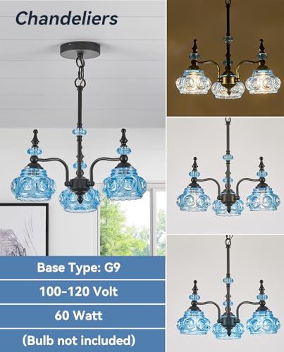 Blue 3 Light Pendant Light Fixtures Black Lights Victorian Vintage Celing Pendant Fixtures for Kitchen Island Bedroom Restrant