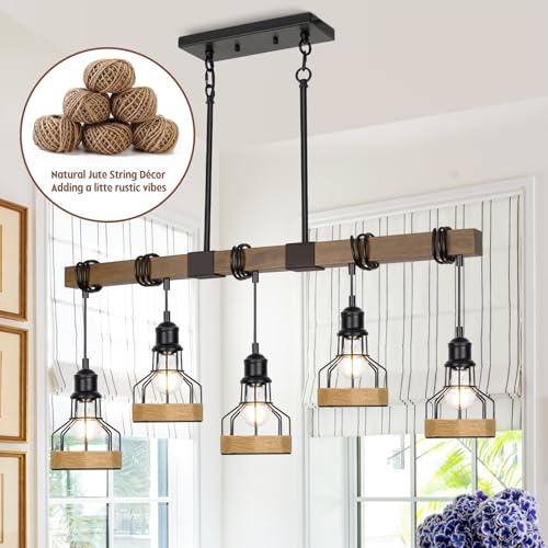 5 Light Kitchen Pendant Lighting Over Island Rustic Solid Wood
