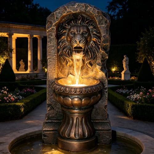 30" Outdoor Fountain LED Stone Cascading Waterfall with Lion Head
