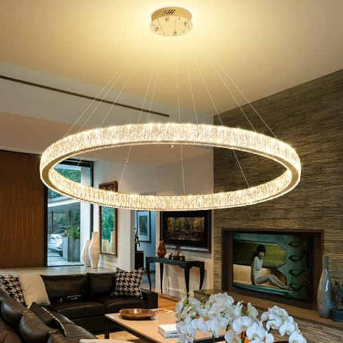 Modern Large Gold Ring Chandelier Dimmable LED 47.5in Adjustable Gold Crystal Ring Pendant Light Fixtures for Dining Room Living Room
