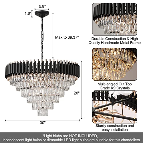 Black and Gold Crystal Chandeliers 30” Modern Dining Room Chandelier Round