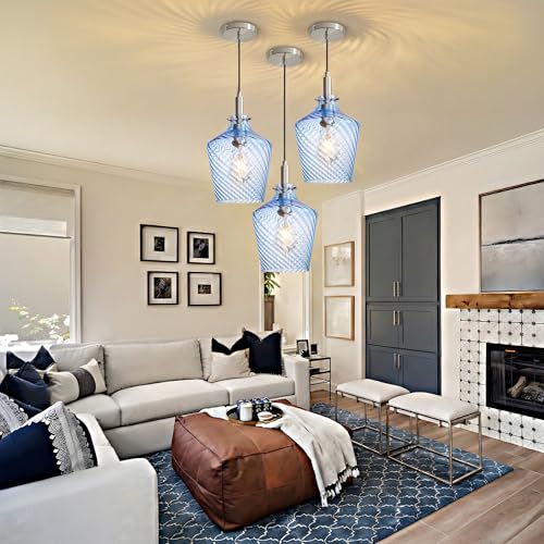 Stripes Blue Glass Pendant Light for Kitchen Island Nickel 8 Inch 1 Pack