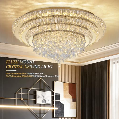 30" Gold Crystal Flush Mount Chandelier Modern LED Ceiling Light Fixture