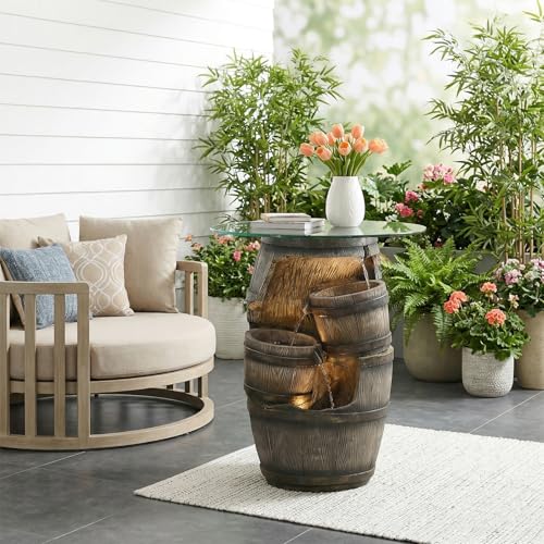 Rustic Barrel Outdoor Water Fountain with Glass Tabletop