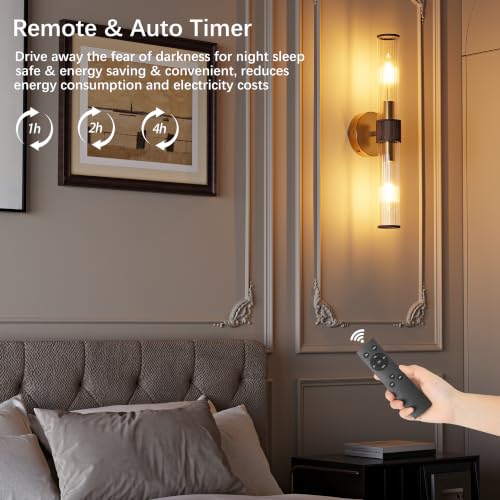 Gold Walnut Battery Operated Wall Sconces Set of 2