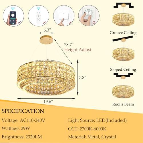 LED Chandeliers for Dining Room LED Dimmable Pendant Lights for Kitchen Island Crystal Adjustable Chandelier for Bedroom Hallway Entrance 20" Silver Light