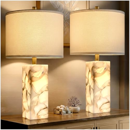 23" Alabaster Table Lamp Set of 2 with Night Light for Living Room (2 Count)