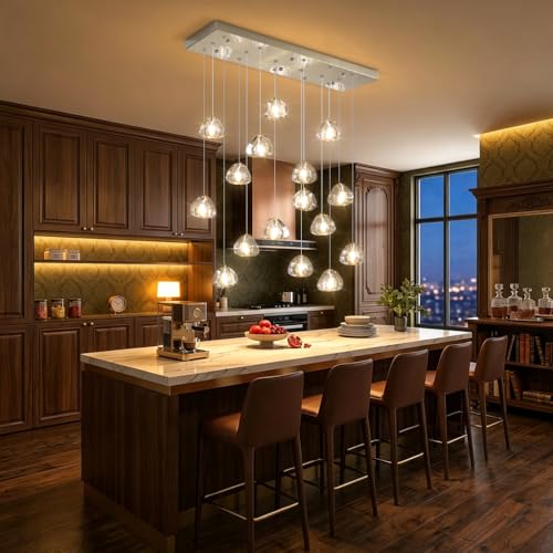 Crystal Rectangular LED Chandelier for Living Dining Room Light Dimmable High Ceiling Pendant Lights Fixtures Lighting Chandeliers for Foyer Entryway Lighting Polished Chrome