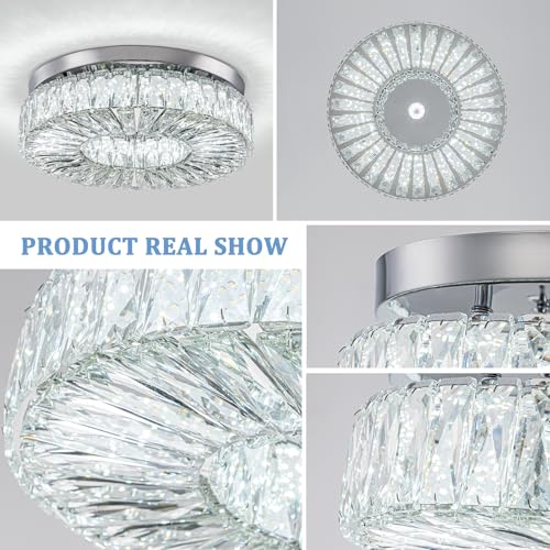 16.5 Inch Dimmable Chandelier with Remote Control LED Crystal Chandelier Modern Flush Mount Ceiling Light Fixtures for Living Room Bedroom Dining Room Entrance