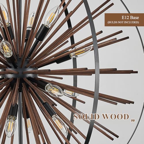 31" 16 Light Farmhouse Wood Sputnik Chandelier Black Hanging Light