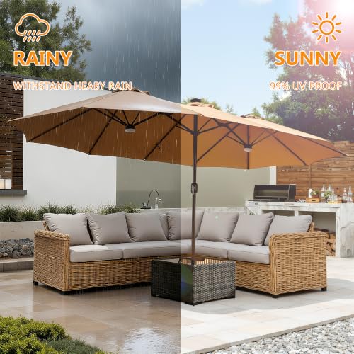 15FT Double Sided Rectangular Patio Umbrella with USB Rechargeable Warm LED Lights