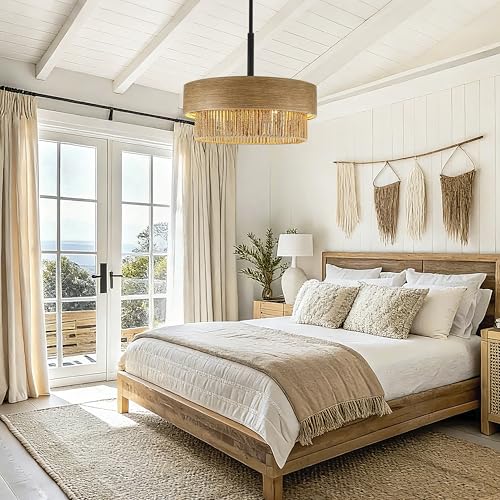 19.6" Large Wood Texture Drum Chandelier for Dining Room with Woven Rattan