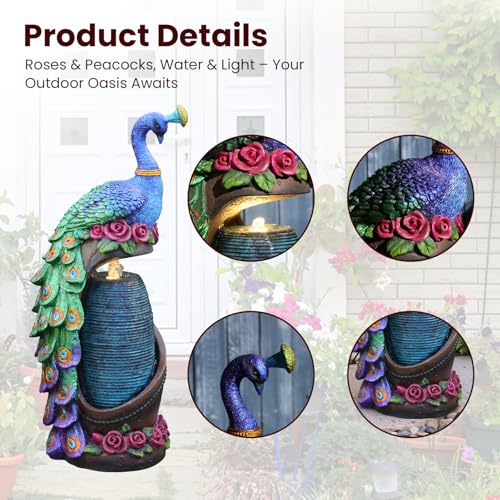32" Peacock Sculpture Waterfall Fountain Indoor with LED Lights