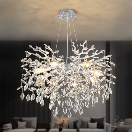 24 Inch Modern Tree Branch Chandelier Silver Crystal Pendant Lighting