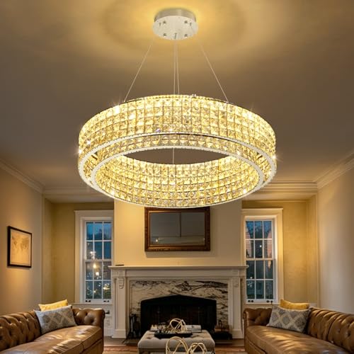 W32 Modern Chandeliers for Living Room LED Dimmable Pendant Lighting High Ceiling Chandelier for Dining Room Foyer Hallway Crystal Rectangle Light Fixtures Silver