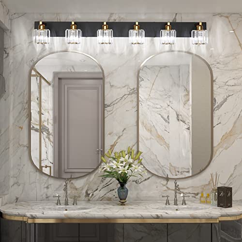 Bathroom Light Fixtures Crystal Vanity Light Black and Gold 6 Lights Vanity Lighting Fixtures