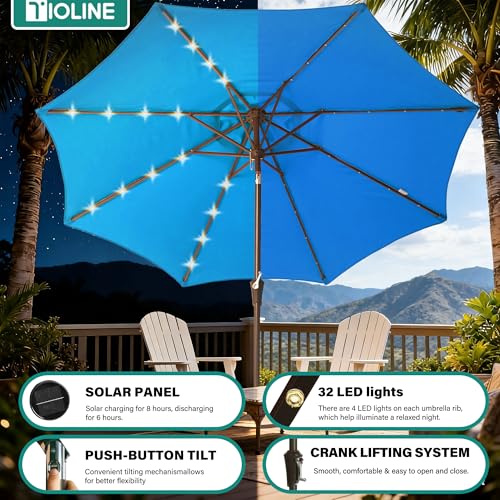 9' Patio Umbrella Outdoor Umbrella with lights Patio for Table Blue