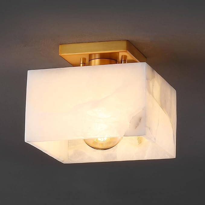 JONATHAN Y 5" White Marbling/Brass Gold Modern 1-Light Semi Flush Mount Ceiling Light for Bedroom, Cube White Alabaster Marble Shade, Mid-Century Minimalist Fixture, LED Bulb Included (JYL1203A)