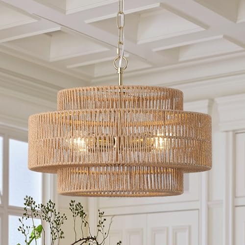17.7"Large Boho Rattan Farmhouse Chandeliers for Dining Room