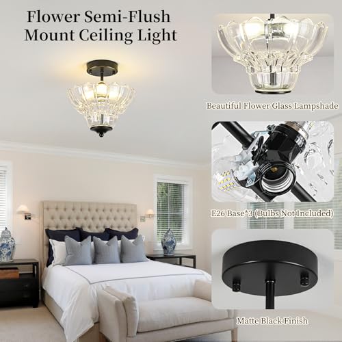 Black Semi Flush Mount Light with Floral Class Shade (Black)