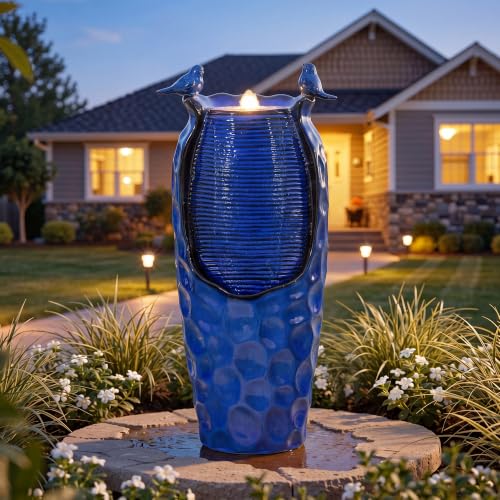 Autodaya 33" Vase Ceramic Outdoor Water Fountain with Lights and Birds