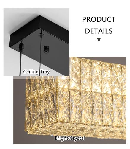 Rectangular Crystal Chandelier Dimmable LED Linear Chandeliers for Dining Room Remote Ceiling Pendants Light Fixture for Kitchen Island Black