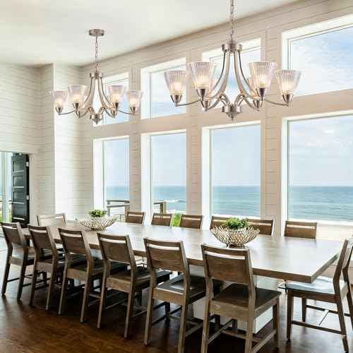6 Light Brushed Nickel Dining Room Chandelier, Adjustable Farmhouse Chandelier with Frosted Glass Shades, Dimmable Modern Rustic Hanging Light for Kitchen Island, Living Room, Sloped Ceiling, Foyer