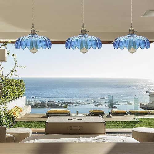 Blue Glass Pendant Light Fixtures Medium 9.8 Inches Lampshade Gold Brass Finish and Switch Vintage Pendant Ceiling Lamp Copper Pendant Lighting