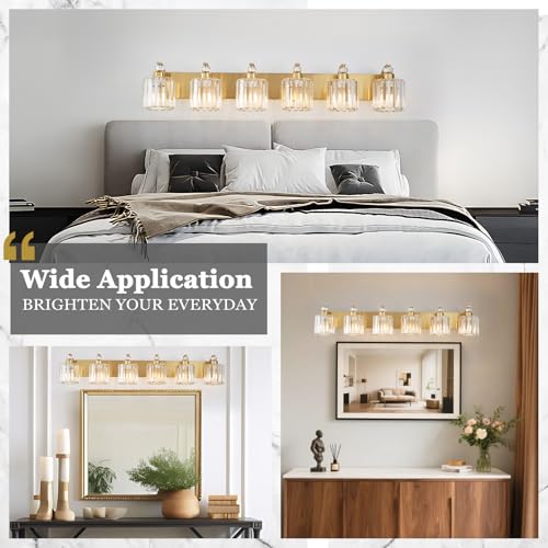 6 Lights Brushed Brass Bathroom Light Fixture Gold Vanity Lights Modern Crystal Bathroom Vanity Lighting Over Mirror Wall Sconce with K9 Crystal Shade E26 Base for Living Room